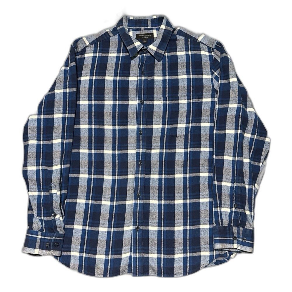 Banana Republic Mens XL Flannel Shirt Blue Plaid Standard Long Sleeve Cabincore